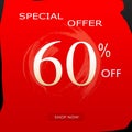 Special Offer Discount Banner With 60% Off Design & shop now Button On Red Background Royalty Free Stock Photo