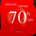 Special Offer Discount Banner With 70% Off Design & shop now Button On Red Background Royalty Free Stock Photo