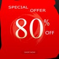 Special Offer Discount Banner With 80% Off Design & shop now Button On Red Background Royalty Free Stock Photo