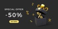 Special offer and discount sale in dark color. Black open gift box with percent sign in gold color and falling small persentage