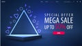 Special offer, mega sale, blue discount banner with offer and empty triangular podium with neon triangular frame on background