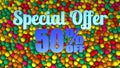 Special Offer 50 Percent Off Text 3D Rendering With Colorful Small Stacked Balls