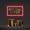 Special offer. Red black friday gift, sale web banner. Christmas shopping discount day, premium elegant xmas logo. Neon Royalty Free Stock Photo