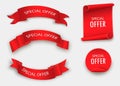 Special offer ribbon.Red scroll. Banner sale tag. Market special offer discount. Royalty Free Stock Photo