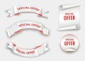 Special offer ribbon.Red scroll. Banner sale tag. Market special offer discount. Royalty Free Stock Photo