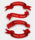 Special offer ribbon.Red scroll. Banner sale tag. Market special offer discount. Royalty Free Stock Photo