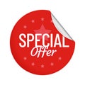 Special offer round adhesive badge with curved corner. Red circle sticker, label with metallic curly angle Royalty Free Stock Photo