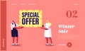 Special Offer, Sale Landing Page Template. Man and Woman Promoters Characters Hold Banner with Promotion Text