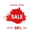 Special offer, sale sign grunge design. Shopping sticker red ink spot isolated. Up to 50 percent off label Royalty Free Stock Photo