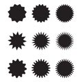 Set of vector starburst, sunburst badges. Black icons on white background. Simple flat style vintage labels, stickers. Royalty Free Stock Photo