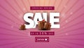 Special offer, sale up to 50% off, horizontal pink discount banner with gift boxes