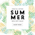 Special Offer Summer Sale Banner. Tropical gift voucher, discount coupon template.