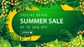 Special offer, summer sale, up to 50% off, discount banner with frame of jungle decorated garland frame