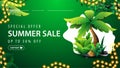 Special offer, summer sale, up to 50% off, green discount web banner with button, tropical jungle elements Royalty Free Stock Photo