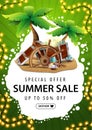 Special offer, summer sale, up to 50% off, green discount web banner for your business with treasures chest