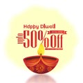 Special offer up to 50% on Diwali sale. Large diya oil lamp with creative Happy Diwali text design on white background. Festive Royalty Free Stock Photo