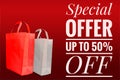 Special Offer UP TO 50% OFF with colorful fabric shopping bags Royalty Free Stock Photo