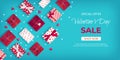 Special offer Valentine`s Day Sale. Discount flyer, big seasonal sale. Horizontal Web Banner with many holiday gift Boxes Royalty Free Stock Photo