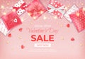 Special offer Valentine`s Day Sale. Discount flyer, big seasonal sale. Horizontal banner with garland, candies, confetti, beads Royalty Free Stock Photo