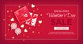 Special offer Valentine`s Day Sale. Discount flyer, big seasonal sale. Horizontal Web Banner with holiday gift Boxes in red Royalty Free Stock Photo