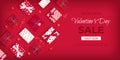 Special offer Valentine`s Day Sale. Discount flyer, big seasonal sale. Horizontal Web Banner with holiday gift Boxes Royalty Free Stock Photo