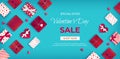 Special offer Valentine`s Day Sale. Discount flyer, big seasonal sale. Horizontal Web Banner with many holiday gift Boxes Royalty Free Stock Photo