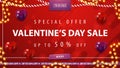 Special offer, Valentine`s day sale, up to 50% off, red discount banner with red and purple heart shaped balloons, garland. Royalty Free Stock Photo