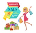 Special offer vector banner with person shopping