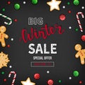 Special offer winter Sale. Discount flyer, big seasonal sale. Web banner with holiday sweets - lollipops, candy cane, cookies