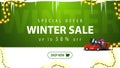 Special offer, winter sale, up to 50% off, green and white discount banner with button, frame of garland, icicles. Royalty Free Stock Photo