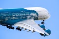 Special painted Airbus A380 passenger plane i flight during the Paris Air Show. France - June 21, 2019