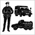 Special Police Cars and Police man - pickup truck and armored car - vector set isolated on white Royalty Free Stock Photo