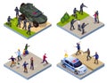 Special Police Forces Antiterror Armor Vehicle and Terrorists 2x2 illustration isometric icons on isolated background Royalty Free Stock Photo