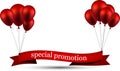Special promotion red ribbon background with balloons.