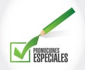 special promotions in Spanish check mark sign