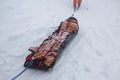 Special sled akya for mountain rescuers with the victim in the middle