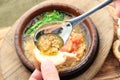 Special soup of Mentaiko potatoes and fish eggs with toast in st