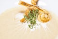 Special soup plate made by a restaurant chef shot on a white background