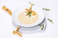 Special soup plate made by a restaurant chef shot on a white background