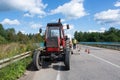 Special vehicles of the road service are parked on the side of the road. Road works. Kuvshinovo  Tver oblast. Royalty Free Stock Photo