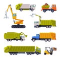 Special Vehicles Set, Garbage Truck, Bulldozer, Waste Collection, Transportation and Recycling Concept Flat Style Vector