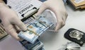 Specialised police officer Counting dollar banknotes in crime lab