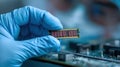 Specialist conducting delicate cleaning and testing on a corrupted SDRAM chip to restore data integrity in a controlled Royalty Free Stock Photo