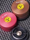 Specialist containers, one opened, containing radioactive isotopes Promethium and Thallium Royalty Free Stock Photo