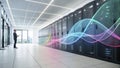 It specialist holding tablet and analyzing colorful digital wave coming out of server racks in modern data center Royalty Free Stock Photo