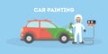 Specialist spray painting auto body at car. Flat style vector illustration.