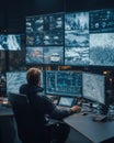 Specialist monitoring multiple screens in control room for data analysis Royalty Free Stock Photo