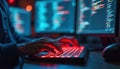 IT specialist works with modern tech. Hands typing code on keyboard. Coding, programming, software development, network security. Royalty Free Stock Photo