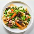 Speciality german called Leipziger Allerlei is salad with morel mushrooms and shrimp Royalty Free Stock Photo