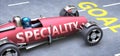 Speciality helps reaching goals, pictured as a race car with a phrase Speciality on a track as a metaphor of Speciality playing